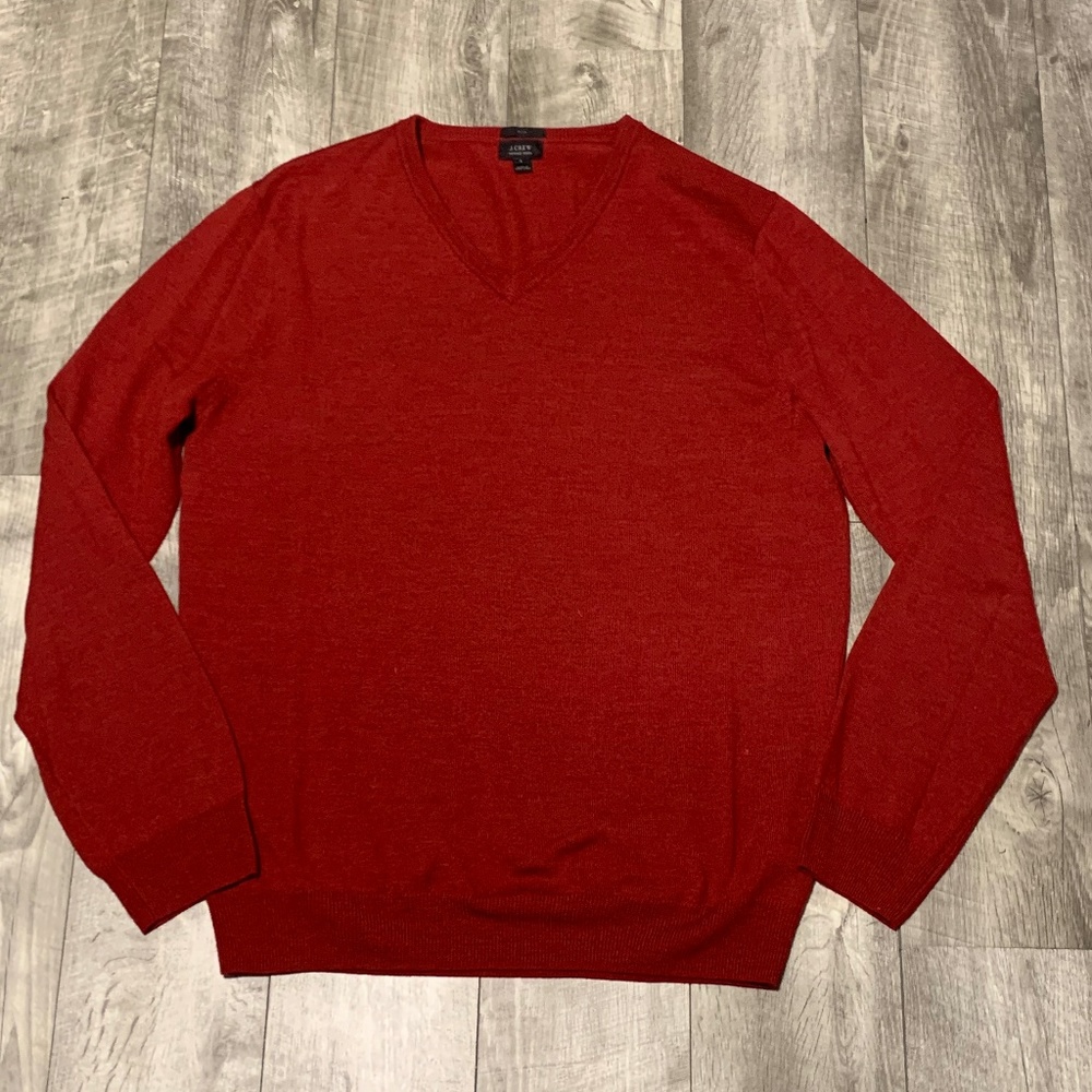 MENS J CREW RED MERINO WOOL V NECK SWEATER
